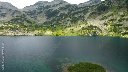Flight over the Popovo Lake, a glacial lake situated in the northern section of the Pirin mountain range in Bulgaria.