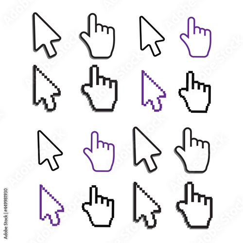 Pixel cursors icons mouse hand arrow. Mouse computer cursor. Hand arrow web cursor set