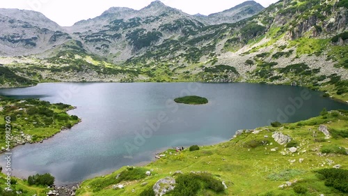 Flight over the Popovo Lake, a glacial lake situated in the northern section of the Pirin mountain range in Bulgaria.