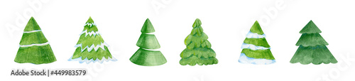 Set of different Christmas tree set, illustration. Hand drawn pines. Can be used for greeting card, invitation, banner, web design.