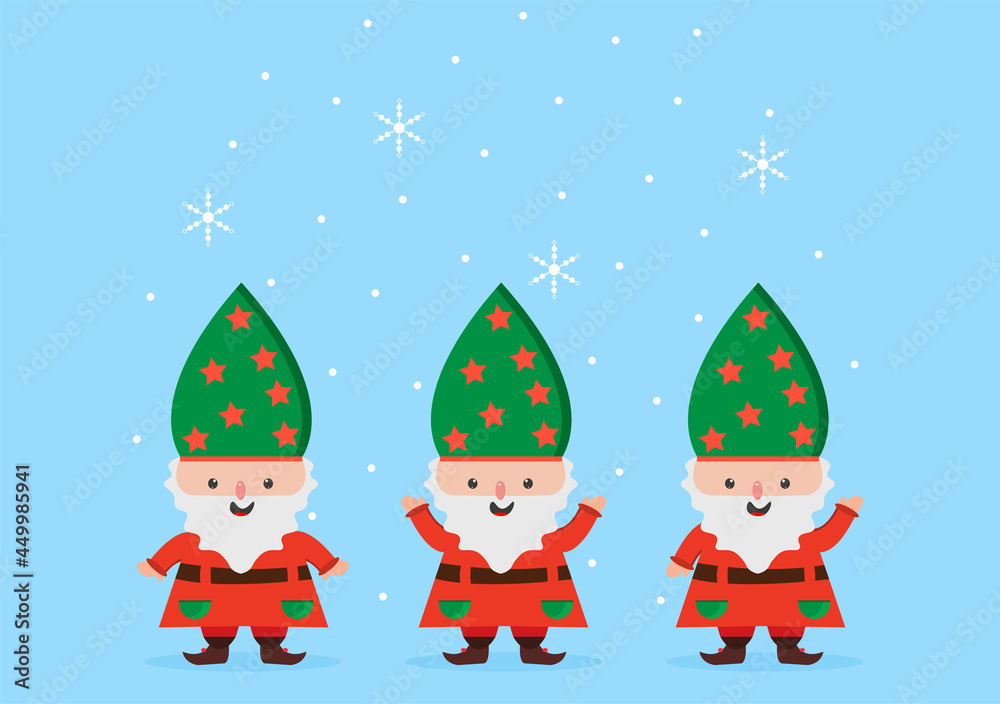 Merry Christmas Cute Cartoon Dwarf little fantasy, Santa Claus And Elves Characters. Tree or Gifts As An Additional Background Vector Illustration Merry Christmas Cute Cartoon Dwarf little fantasy, Santa Claus And Elves Characters. Tree or Gifts As An Additional Background Vector Illustration