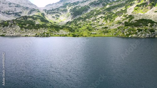 Flight over the Popovo Lake, a glacial lake situated in the northern section of the Pirin mountain range in Bulgaria.