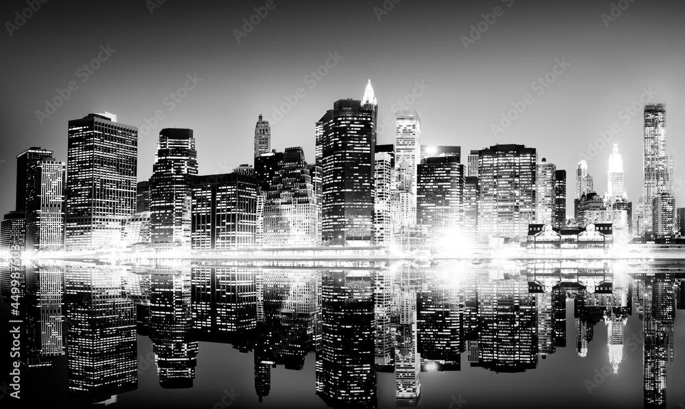 Building Skyscraper Panoramic Night New York City Concept - obrazy, fototapety, plakaty 