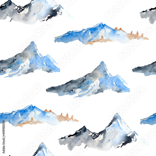 Watercolor hand drawn seamless pattern with blue winter mountain range peaks. Skiing outdoor activities tourism concept. Nature landscape cold weather hills.