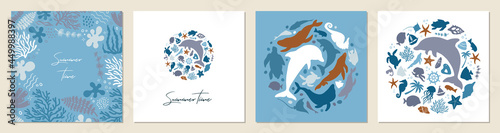 Set of posters with marine life. Abstract illustration of summer time concept. Underwater set of silhouettes. .Flat vector illustration. Card templates