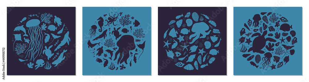 Fototapeta premium Set of posters with marine life. Abstract illustration of summer time concept. Underwater set of silhouettes. .Flat vector illustration. Card templates