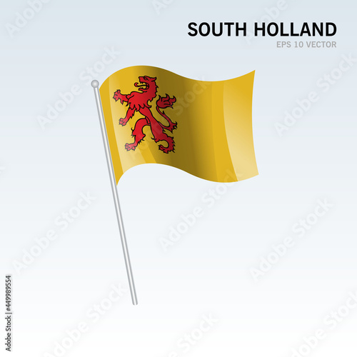 Waving flag of South Holland provinces of Netherlands isolated on gray background