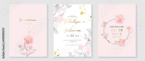 Luxury wedding invitation card background  with golden line art flower and botanical leaves, Organic shapes, Watercolor. Abstract art background vector design for wedding and vip cover template.