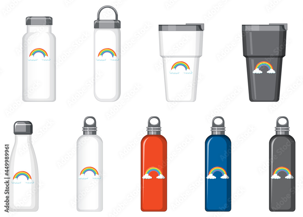 Set of different thermo bottles with rainbow pattern Set of different thermo bottles with rainbow pattern