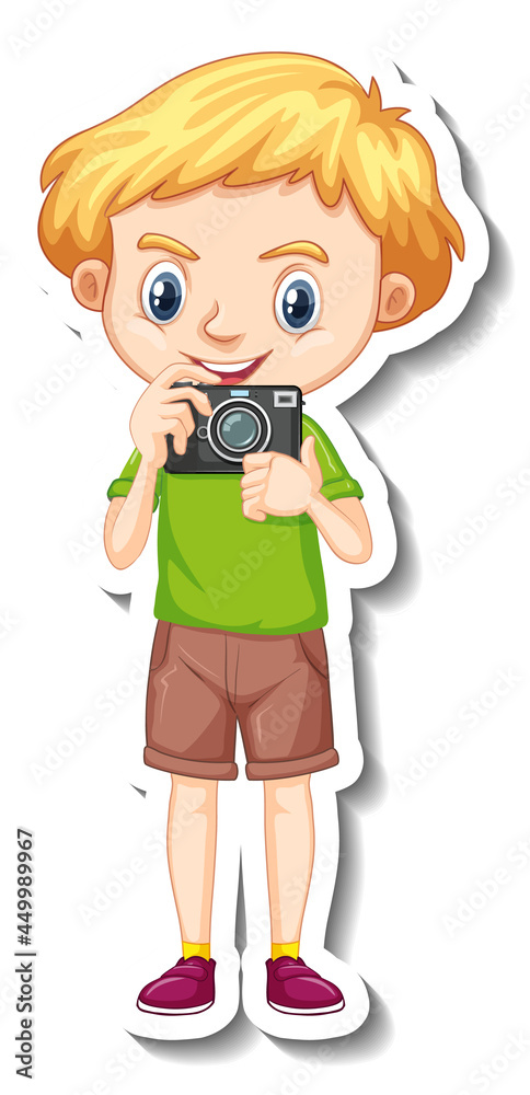 A boy holding camera cartoon character sticker A boy holding camera cartoon character sticker