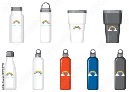 Set of different thermo bottles with rainbow pattern