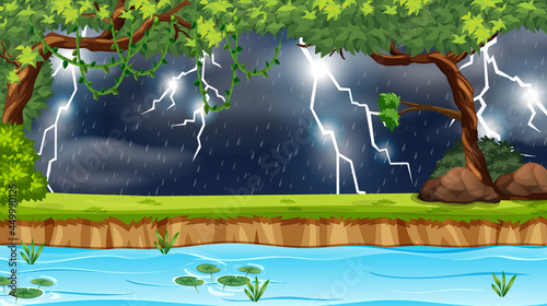 Forest scene with lightning and raining at night
