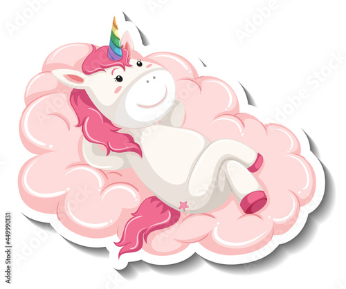Cute unicorn laying on the cloud on white background