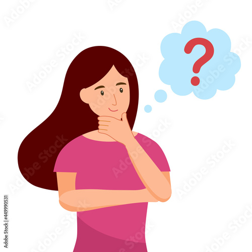 Woman is thinking with question mark symbol in flat design on white background. Making decision.