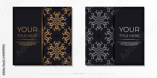 Set of Vector Cooking postcards in black color with Indian patterns. Template for print design invitation card with mandala ornament.