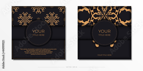 Set of vector postcards in black color with Indian patterns. Invitation card design with mandala ornament.