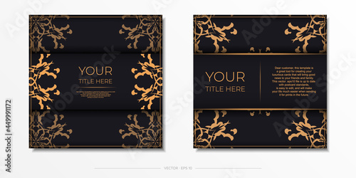 Set of Preparing postcards in black with Indian ornaments. Vector Template for printable design of invitation card with mandala patterns.