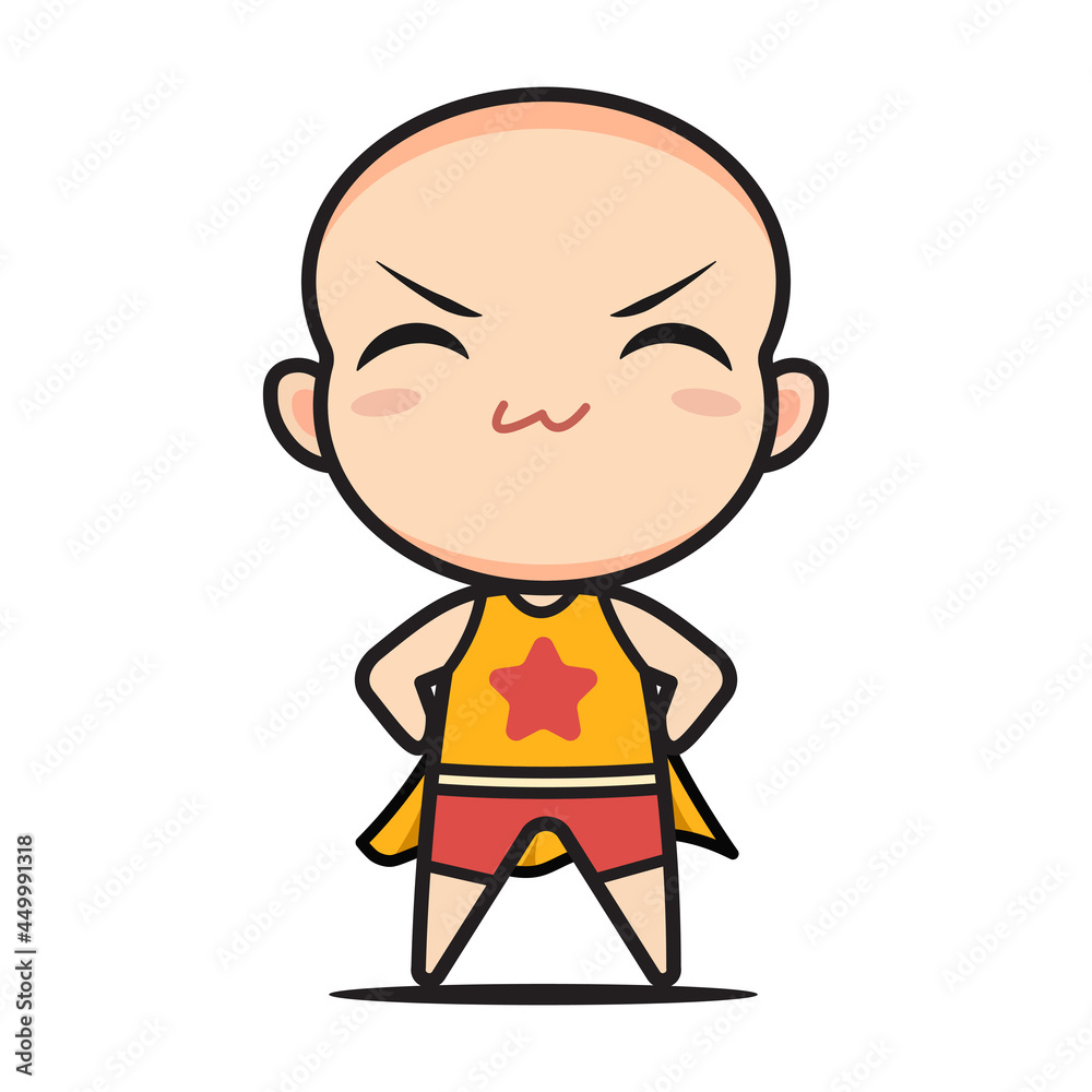 cute superhero bald chibi mascot character illustration