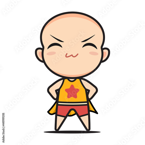 cute superhero bald chibi mascot character illustration