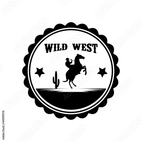 Silhouette Cowboy riding prancing horse emblem logo design