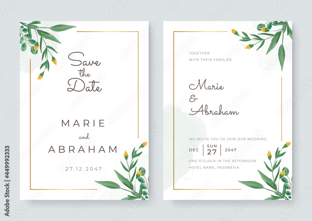Watercolor vector set wedding invitation card template design with green leaves. Elegant watercolor wedding invitation card with greenery leaves. White green wedding invitation with golden lines