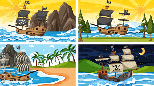 Set of different beach scenes with pirate ship
