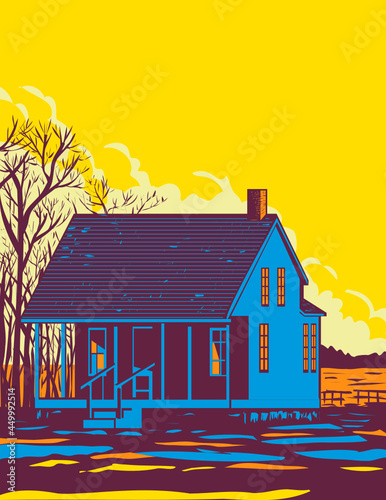 WPA poster art of a homestead or house of George Washington Carver in George Washington Carver National Monument in Newton County, Missouri done in works project administration style.