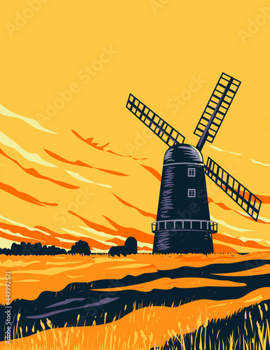 Art Deco or WPA poster of a drainage windmill in Norwich in the Norfolk Broads within the Broads National Park, Norfolk,  England, United Kingdom done in works project administration style. photo