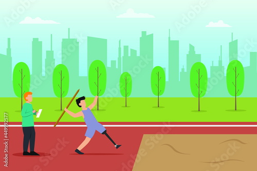 Disabled people competition vector concept: Disabled male athlete throwing spear in the stadium while standing with the referee