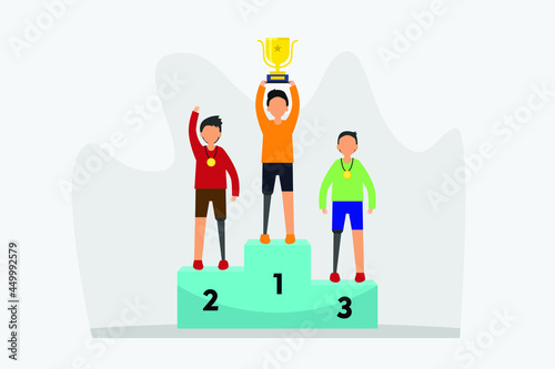 Disabled people competition vector concept: Disabled man winning the competition while holding gold trophy