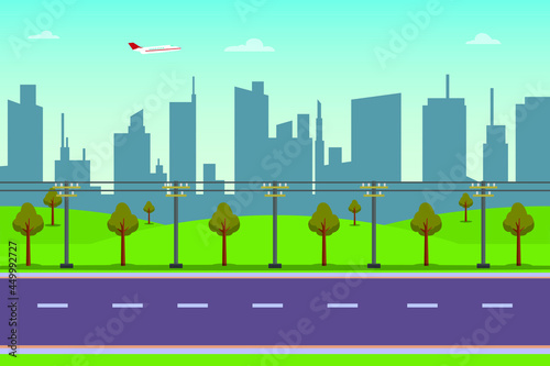 Road scenery vector concept: Road view with airplane on the sky