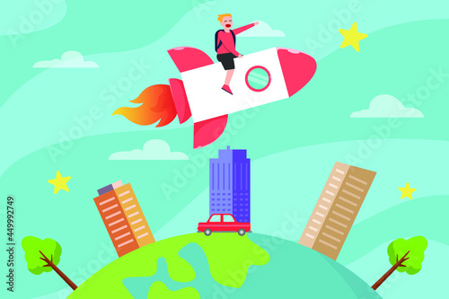 Imagination vector concept: Schoolboy riding a rocket on the sky while wearing backpack