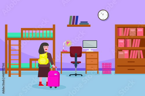 Dormitory vector concept: Schoolgirl carrying luggage in the bedroom while arriving in dormitory