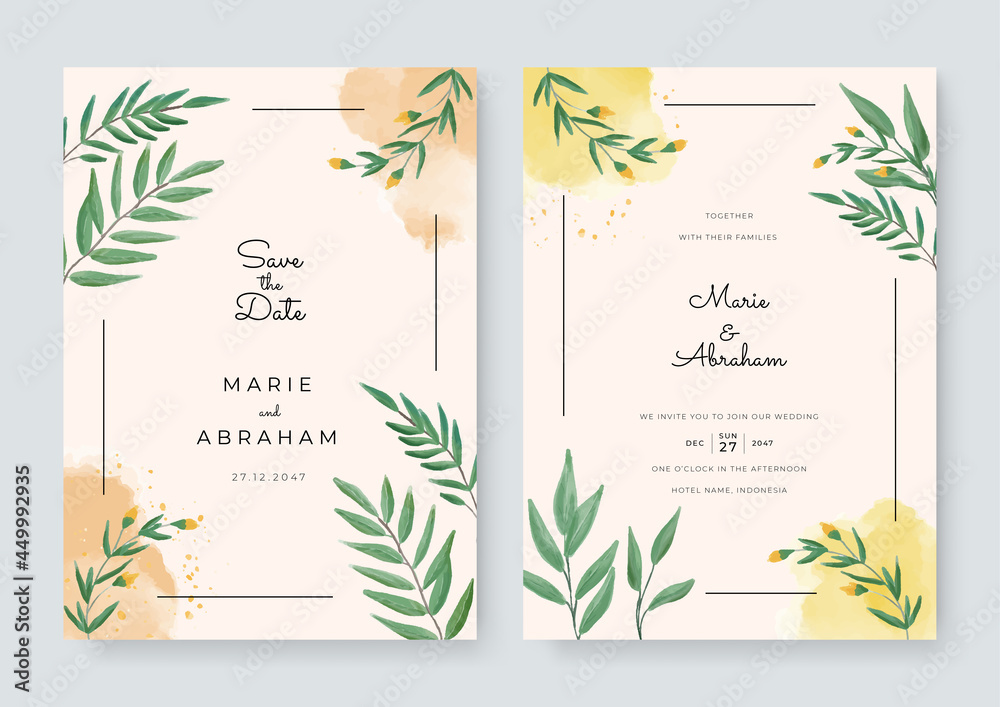 Green yellow white and gold wedding set with hand drawn watercolor background. Includes Invintation, information, menu and thank you cards templates. Simple elegant luxury wedding background. Vector