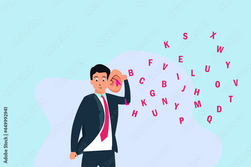 Curious businessman trying to hear a secret conversation, information or gossip Curious businessman trying to hear a secret conversation, information or gossip
