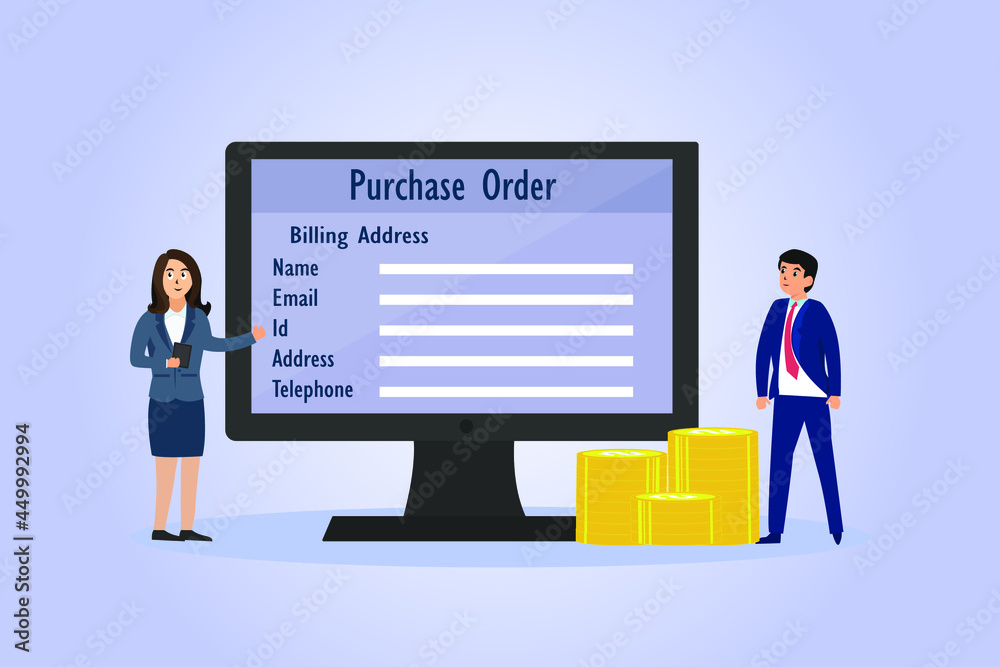 Purchase Order vector concept. Business people with purchase order form and billing address on the computer monitor Purchase Order vector concept. Business people with purchase order form and billing address on the computer monitor
