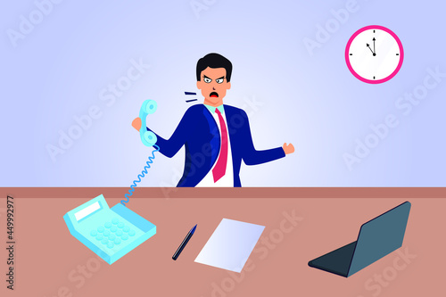 Business vector concept. Angry businessman shouting on phone in office