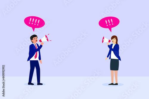 Business people debating and screaming through megaphone