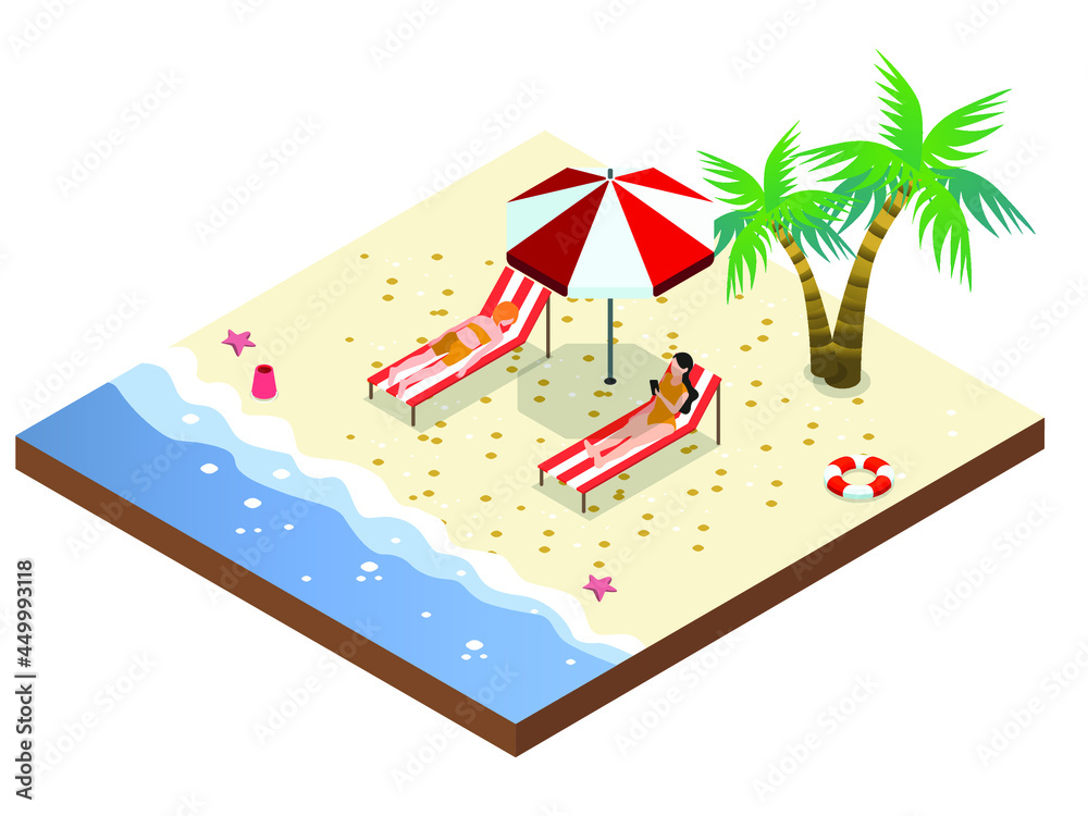 Two women in swimwear relaxing on beach chair under umbrella at tropical beach. isometric vector concept