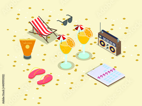Fresh orang juice summer drinks and holidays equipment on beach sand. Isometric vector concept
