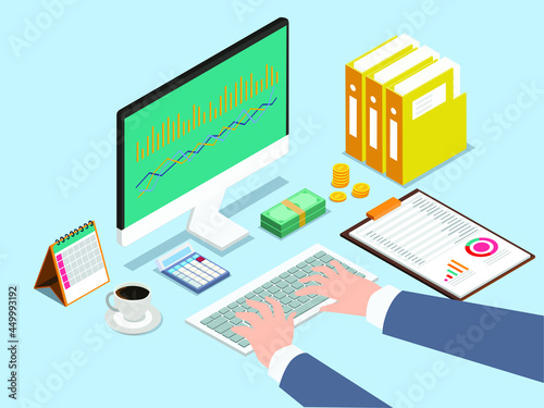 Stock market isometric vector concept. Businessman or stock market trader working at desk