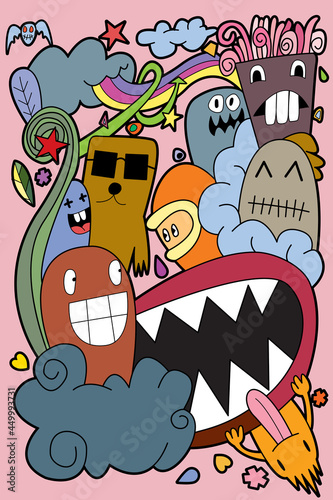 Funny monsters Doodle Cute background. Vector illustration