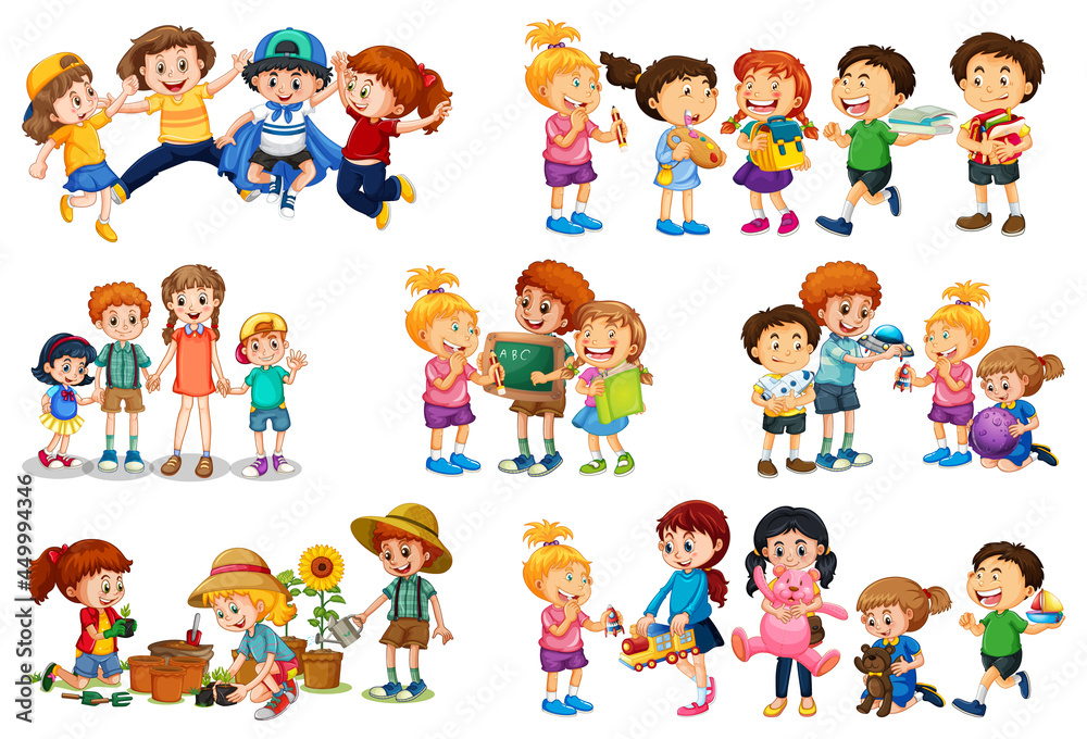 Set of different kid playing with their toys cartoon character isolated on white background Set of different kid playing with their toys cartoon character isolated on white background