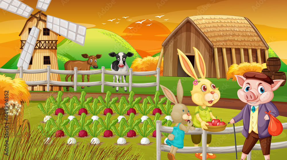 Farm at sunset time scene with rabbit family and a pig cartoon character Farm at sunset time scene with rabbit family and a pig cartoon character