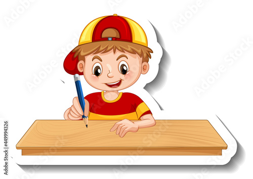Sticker template with a boy cartoon character isolated