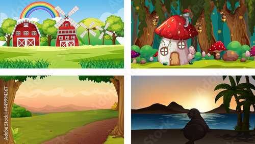 Four different scenes with various animals cartoon character