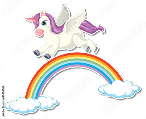 Cute unicorn stickers with a pegasus flying over the rainbow