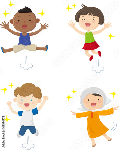 Children of various races happily jump, SDGs