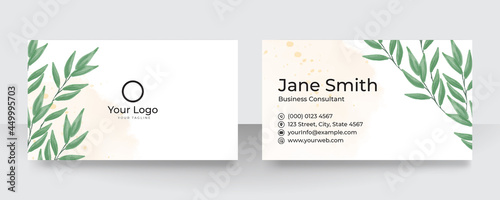 Modern green and white leaves floral business card design. Modern business card template red black colors. Flat design vector abstract creative - Vector
