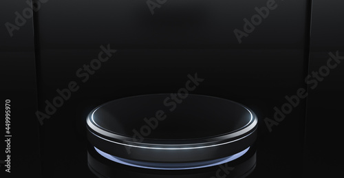 Blank cylinder product stand and Black background. Futuristic pedestal for display with light. 3d Rendering.